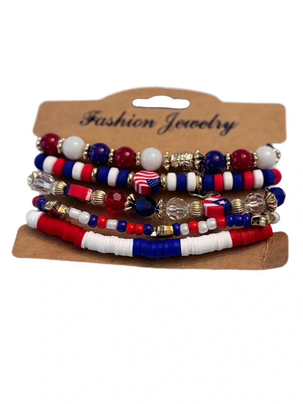 Red White Blue Beaded Stretch Bracelet 5pc Set - Picture 3 of 3